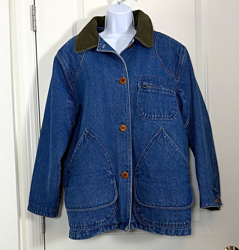 Vtg LL Bean women Denim chore coat   Green Collar Plaid Lined Primaloft